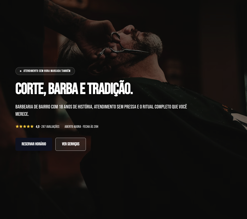 Exemplo de site de tenant Kairos: hero com chamada de agendamento, equipe e lista de serviços.